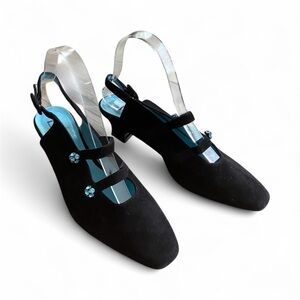 Thierry Rabotin Women's Black Suede Slingback Heels Blue Crystal Formal 7.5